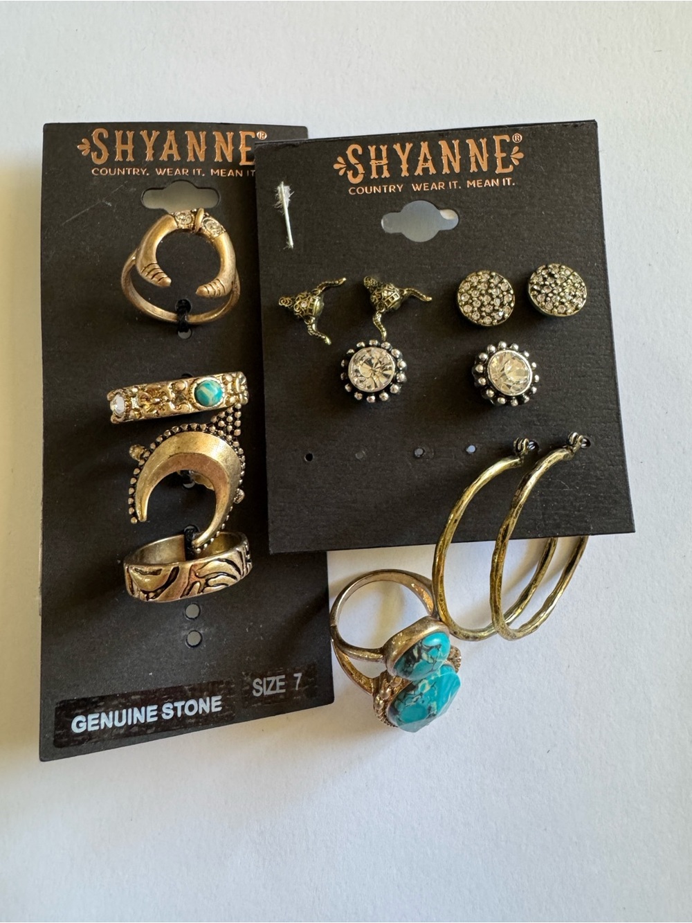 Shyanne Gold-Tone Size 7 Ring and Earring Set with Turquoise Accents